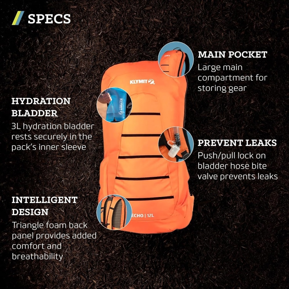 NWT - Klymit Echo 12-Liter Hydration Backpack - orange w/black trim BH - Picture 5 of 9
